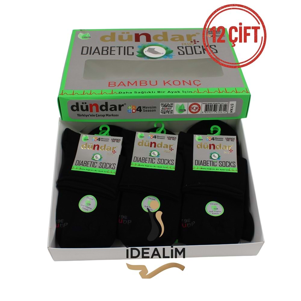 DÜNDAR 12Lİ UNISEX BAMBU KONÇ DİYABETİK - DÜNDAR - BAMBU-DİYABET - SİYAH - 36-40