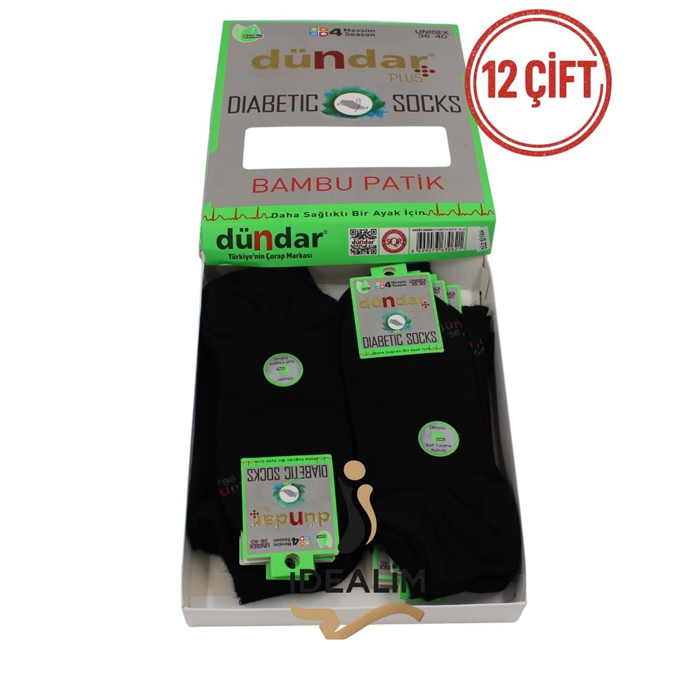 DÜNDAR 12Lİ UNISEX BAMBU DİYABETİK PATİK ÇORAP - DÜNDAR - BAMBU-DİYABET - SİYAH - 36-40