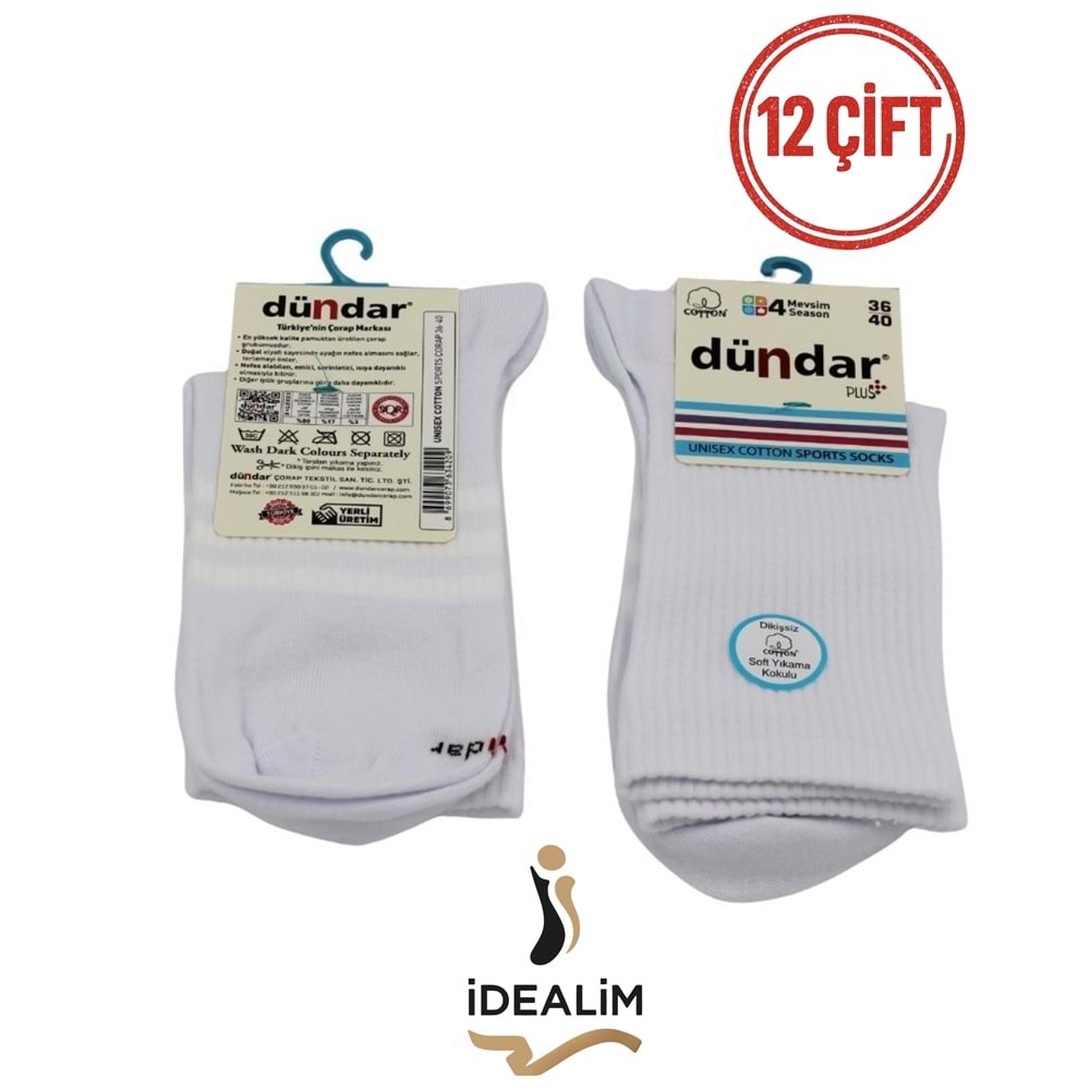 DÜNDAR PLUS 12Lİ COTTON UNISEX SPORTS ÇORAP - DÜNDAR - COTTON - BEYAZ - 36-40