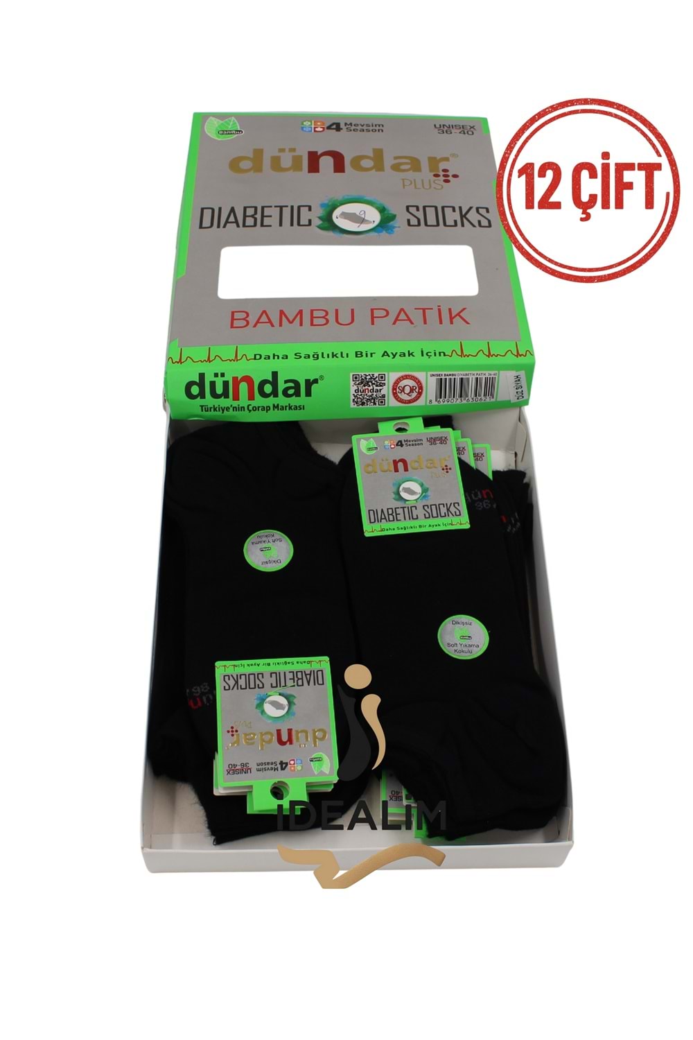 DÜNDAR 12Lİ UNISEX BAMBU DİYABETİK PATİK ÇORAP - DÜNDAR - BAMBU-DİYABET - SİYAH - 36-40