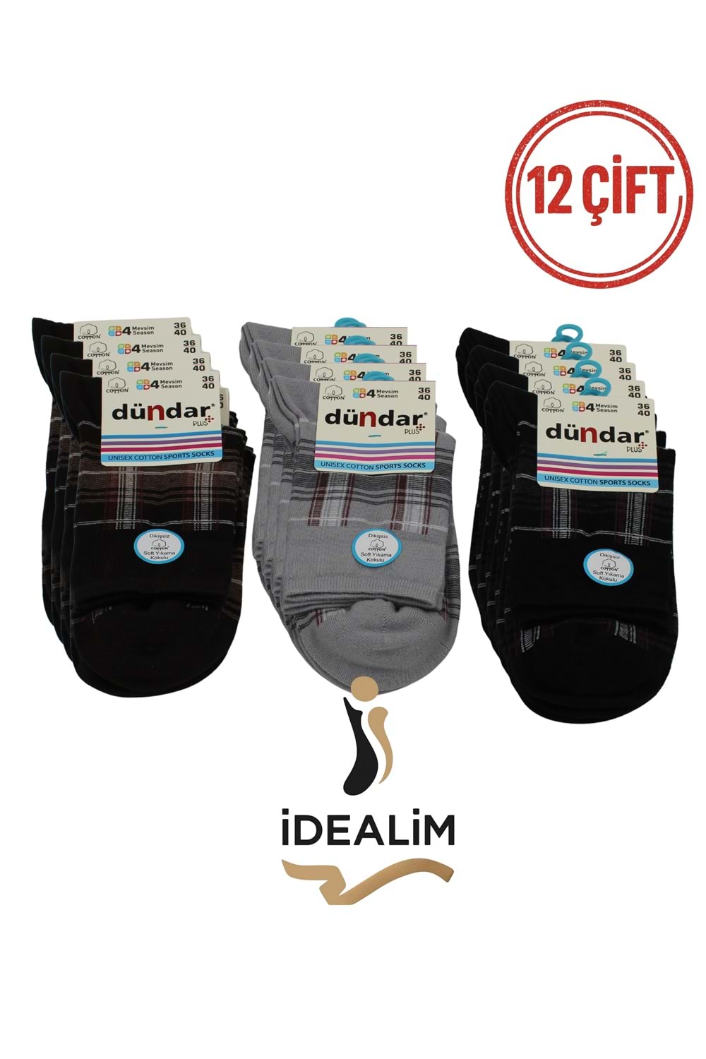 DÜNDAR PLUS 12Lİ COTTON UNISEX SPORTS ÇORAP - DÜNDAR - COTTON - ASORTİ - 36-40