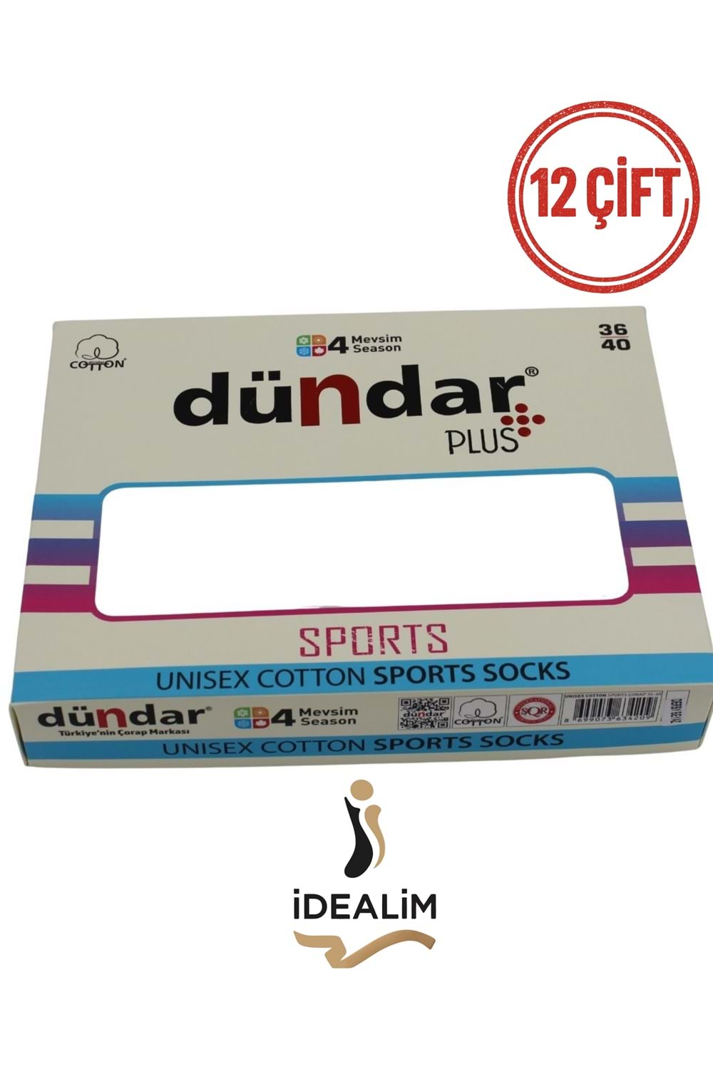 DÜNDAR PLUS 12Lİ COTTON UNISEX SPORTS ÇORAP - DÜNDAR - COTTON - BEYAZ - 36-40