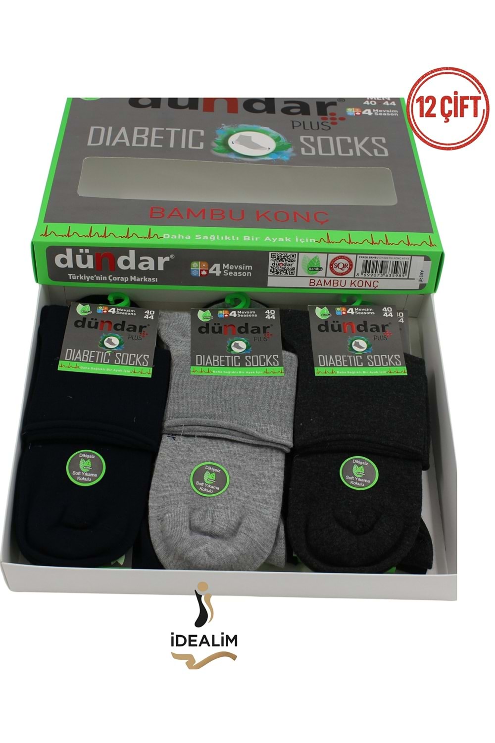 DÜNDAR PLUS 12Lİ ERKEK BAMBU KONÇ PATİK (DİYABETİK) ÇORAP - DÜNDAR - BAMBU - ASORTİ - 40-44