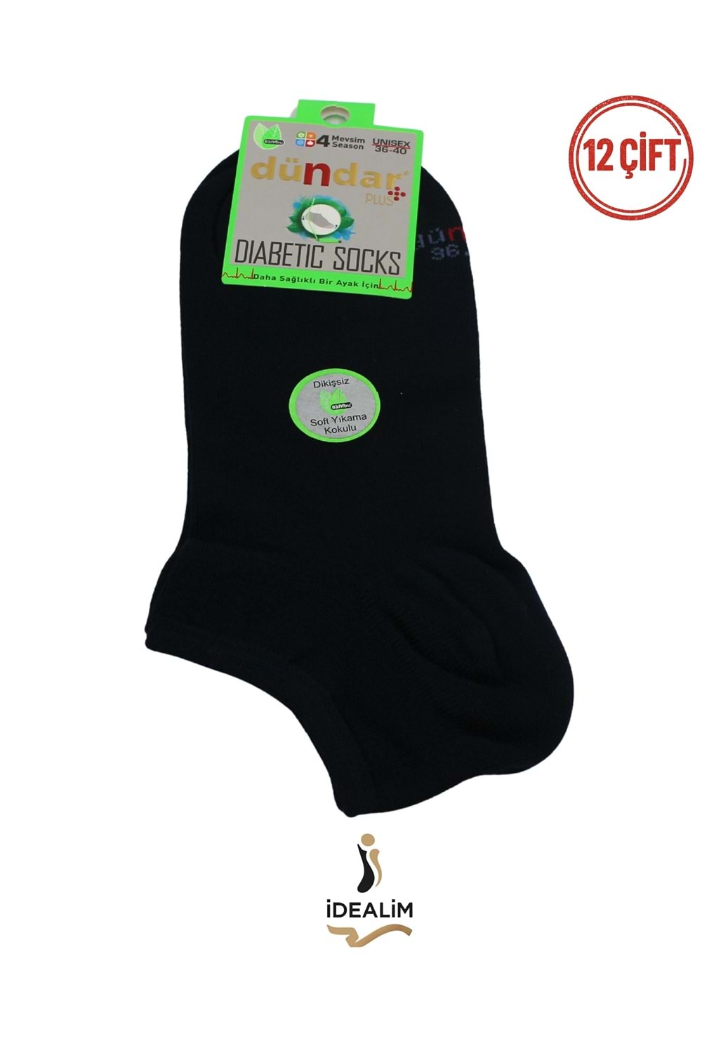 DÜNDAR PLUS 12Lİ ERKEK BAMBU PATİK (DİYABETİK) ÇORAP - BAMBU - SİYAH - 40-44