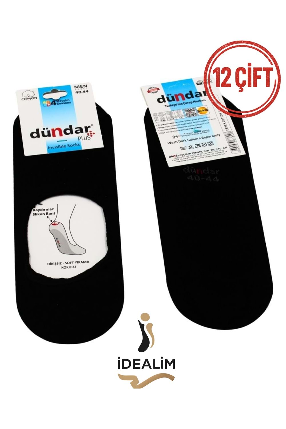 DÜNDAR PLUS 12Lİ ERKEK COTTON BABET ÇORAP - 8207-SİYAH-40-44