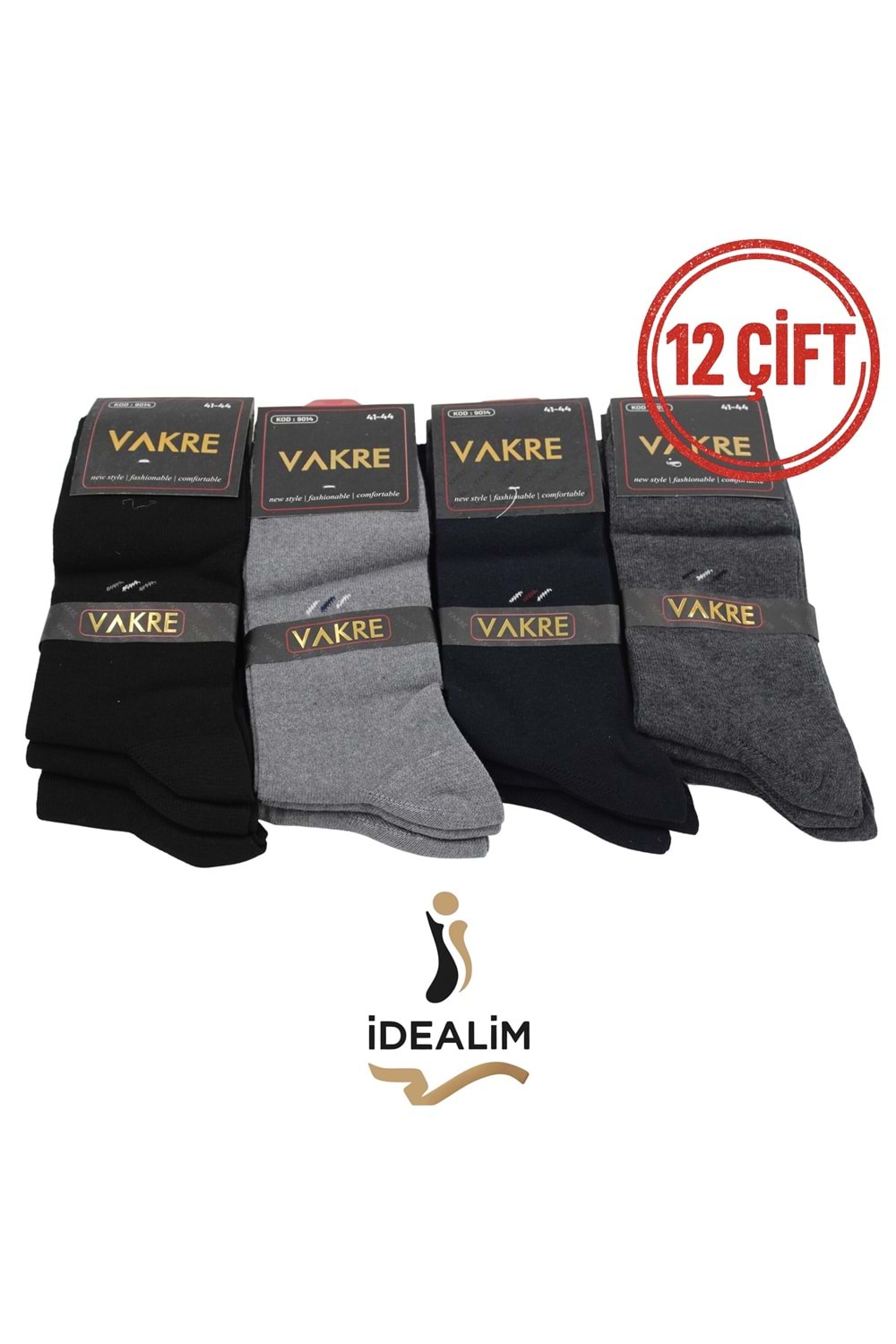 VAKRE 12Lİ ERKEK SOKET ÇORAP - COTTON-1 DESEN - ASORTİ - 40-44