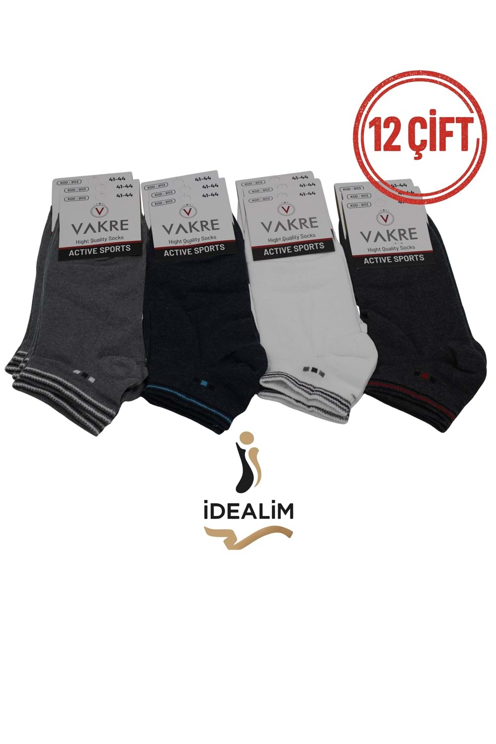 VAKRE 12Lİ ERKEK PATİK ÇORAP - E-P-NOKTA DESEN PTK - ASORTİ - 40-44