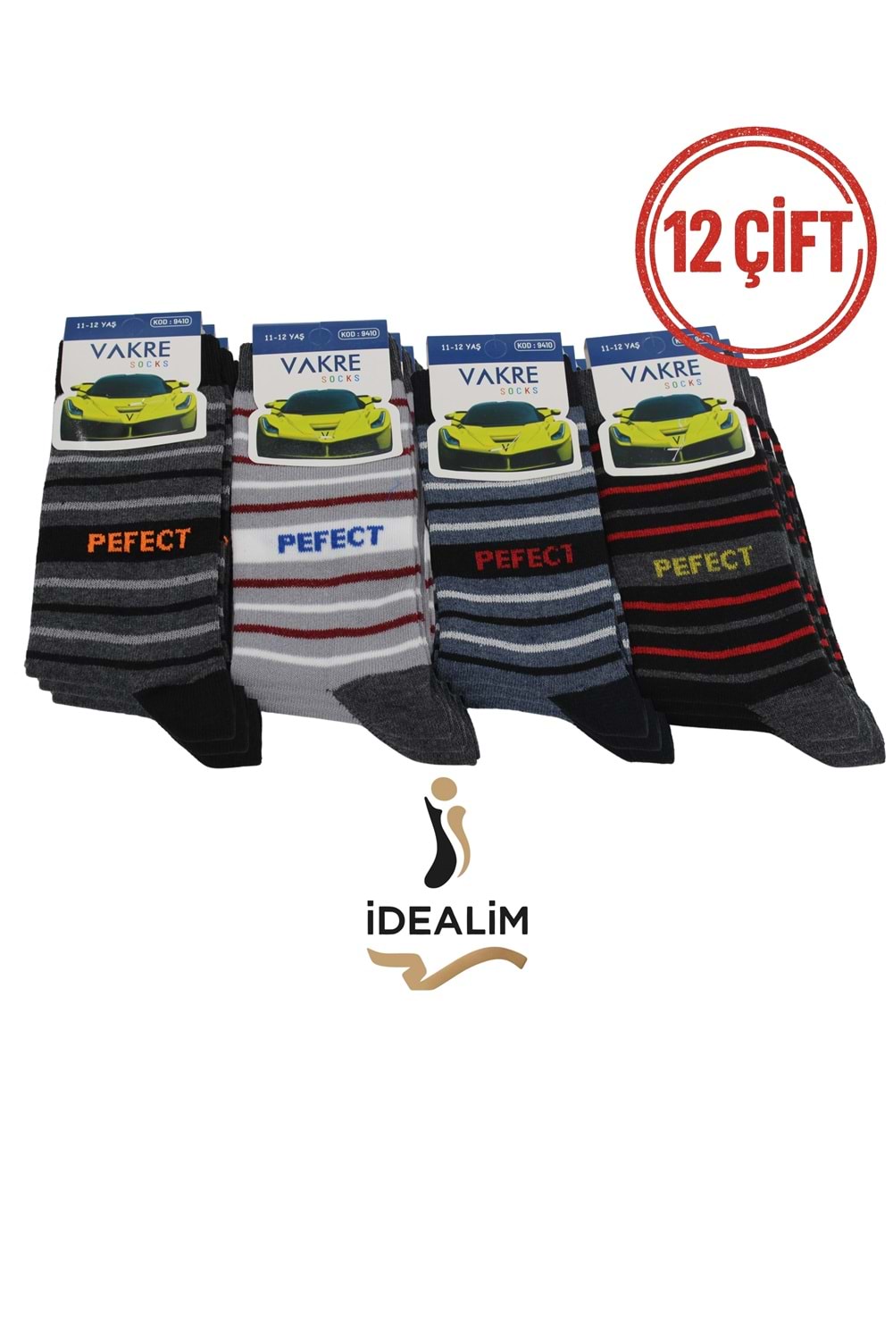 VAKRE 12Lİ ÇOCUK SOKET ÇORAP - ERK ÇOCUK-PEFECR-ÇİZGİLİ - ASORTİ - 11-12