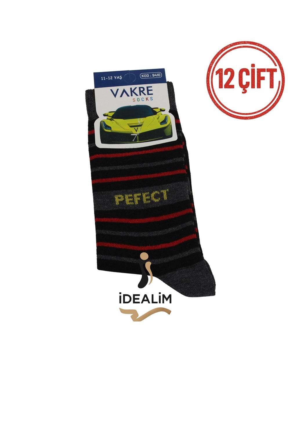 VAKRE 12Lİ ÇOCUK SOKET ÇORAP - ERK ÇOCUK-PEFECR-ÇİZGİLİ - ASORTİ - 11-12