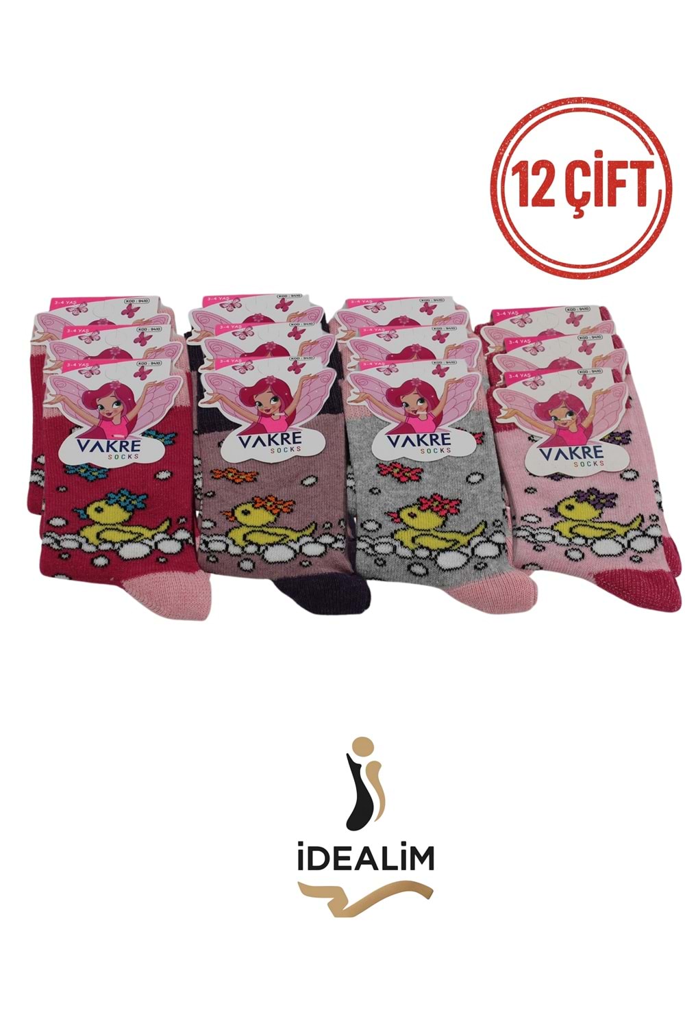 VAKRE 12Lİ KIZ ÇOCUK SOKET ÇORAP - KIZ ÇOCUK-ÖRDEK DESEN - ASORTİ - 3-4