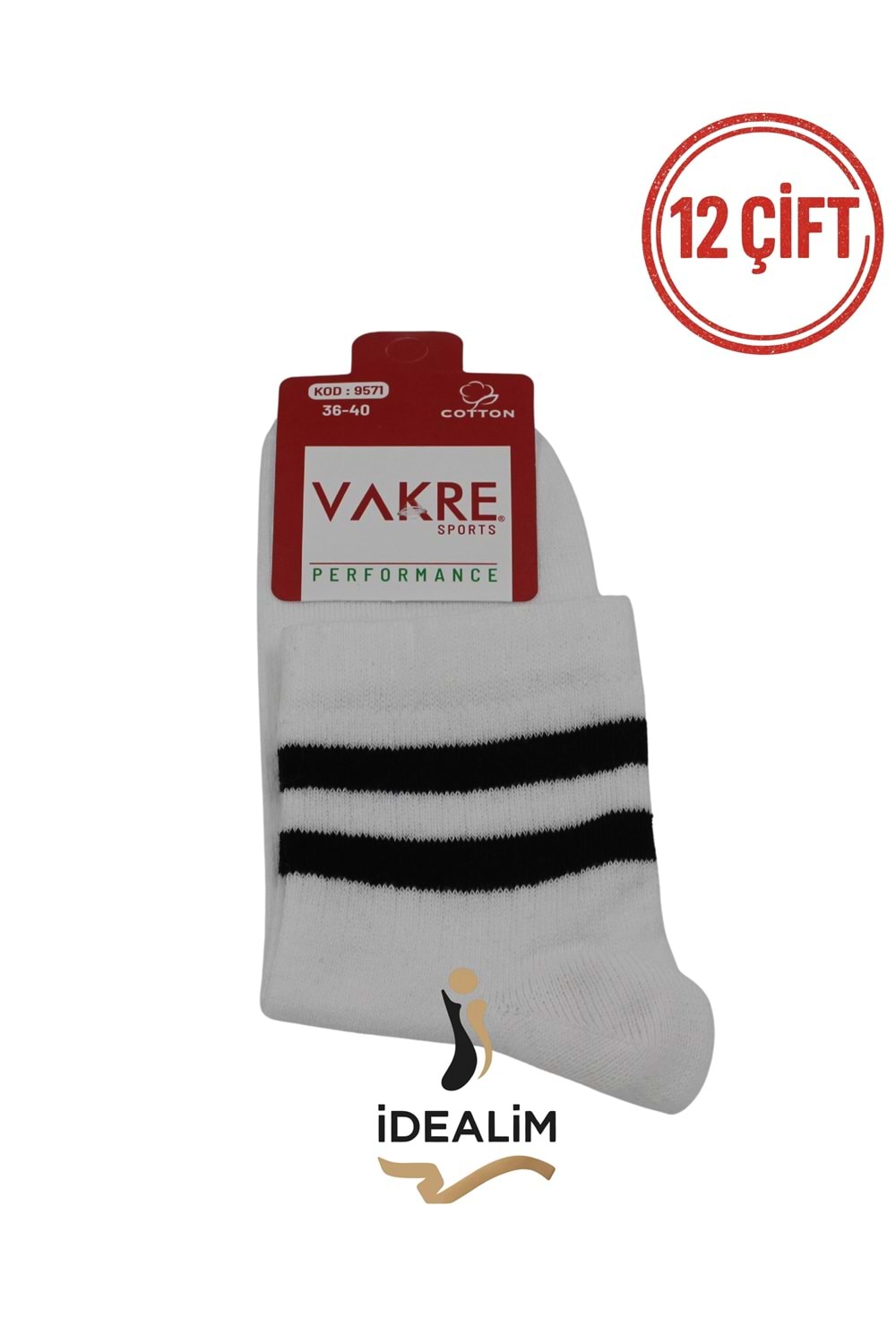 VAKRE 12Lİ BYN ORTA KONÇ KOLEJ ÇORAP - KOLEJ-ÇİZGİLİ - BEYAZ - 36-40