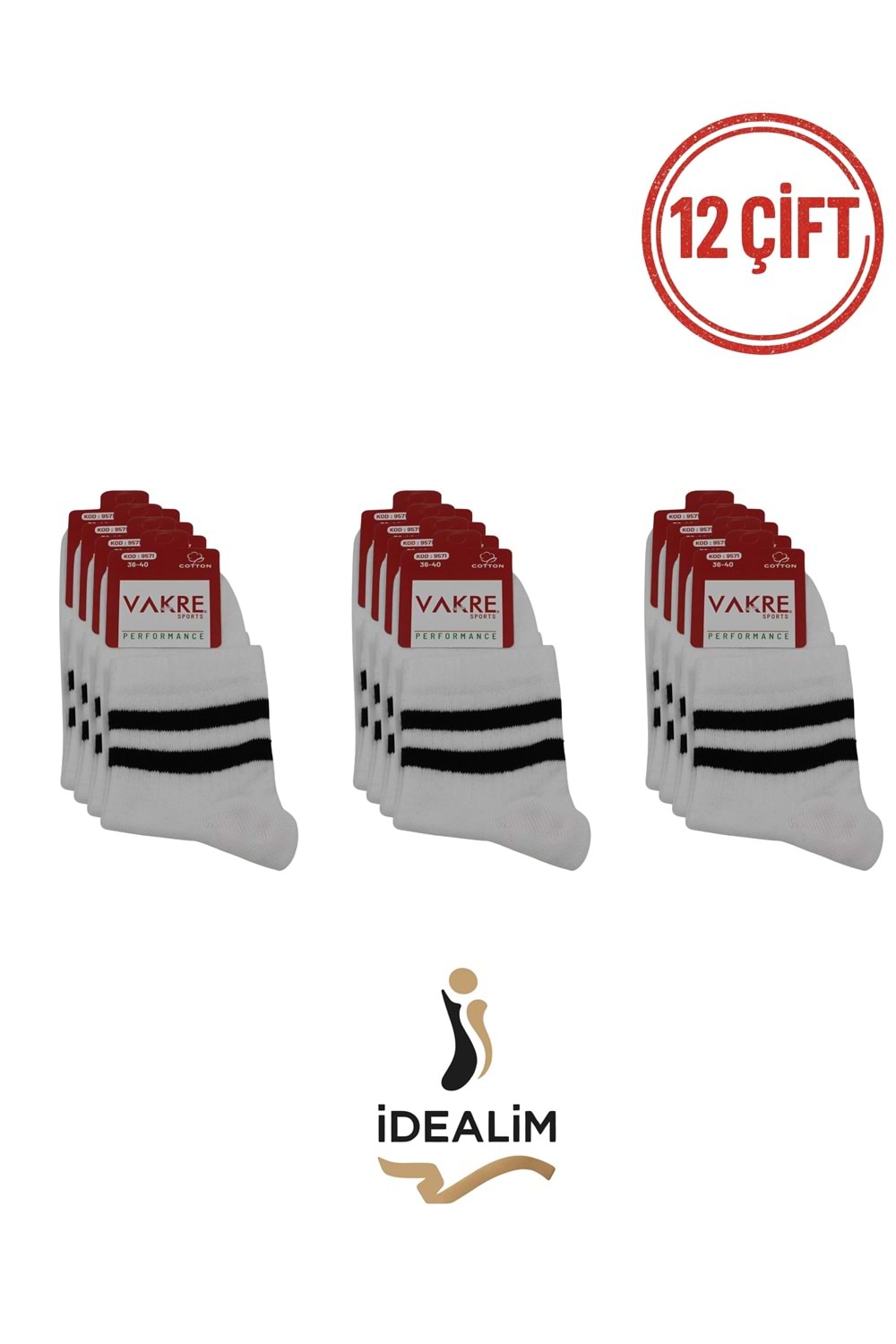 VAKRE 12Lİ BYN ORTA KONÇ KOLEJ ÇORAP - KOLEJ-ÇİZGİLİ - BEYAZ - 36-40