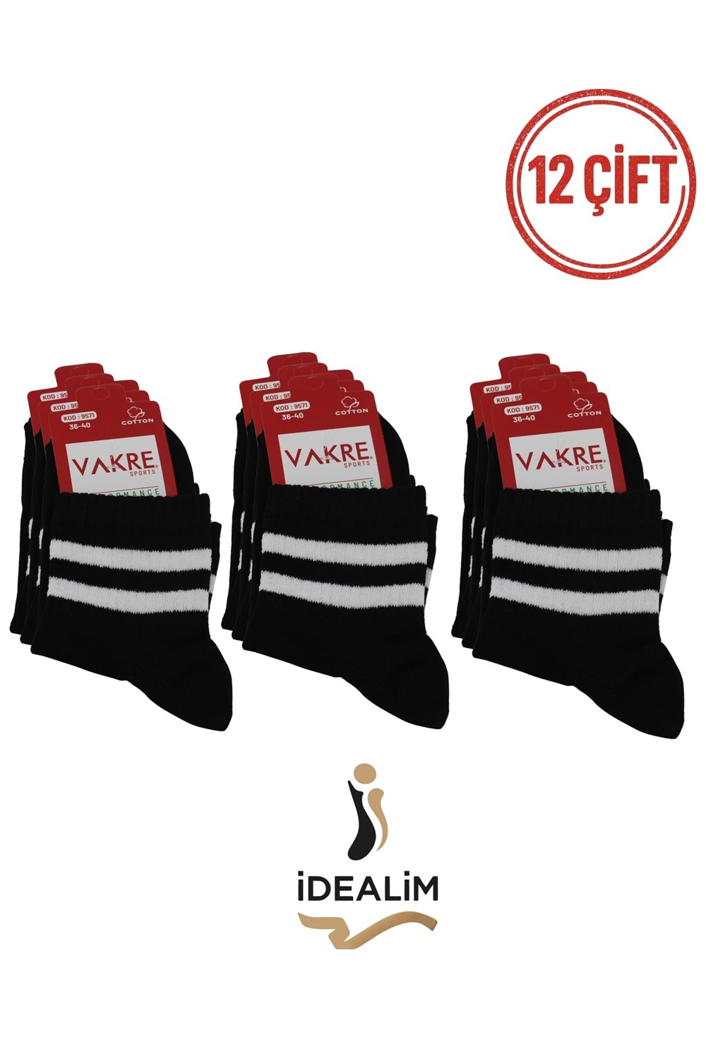 VAKRE 12Lİ BYN ORTA KONÇ KOLEJ ÇORAP - KOLEJ-ÇİZGİLİ - SİYAH - 36-40