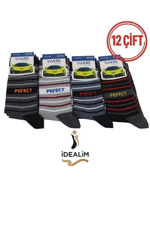 VAKRE 12Lİ ÇOCUK SOKET ÇORAP - ERK ÇOCUK-PEFECR-ÇİZGİLİ - ASORTİ - 11-12
