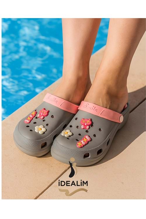 İDEALİM Rahat Tabanlı Yüksek Ölçekli Hastane Aşçı Hemşire Doktor Terliği - 222 FİĞÜRLÜ SÜSLÜ - GRİ (PUDRA) - 38