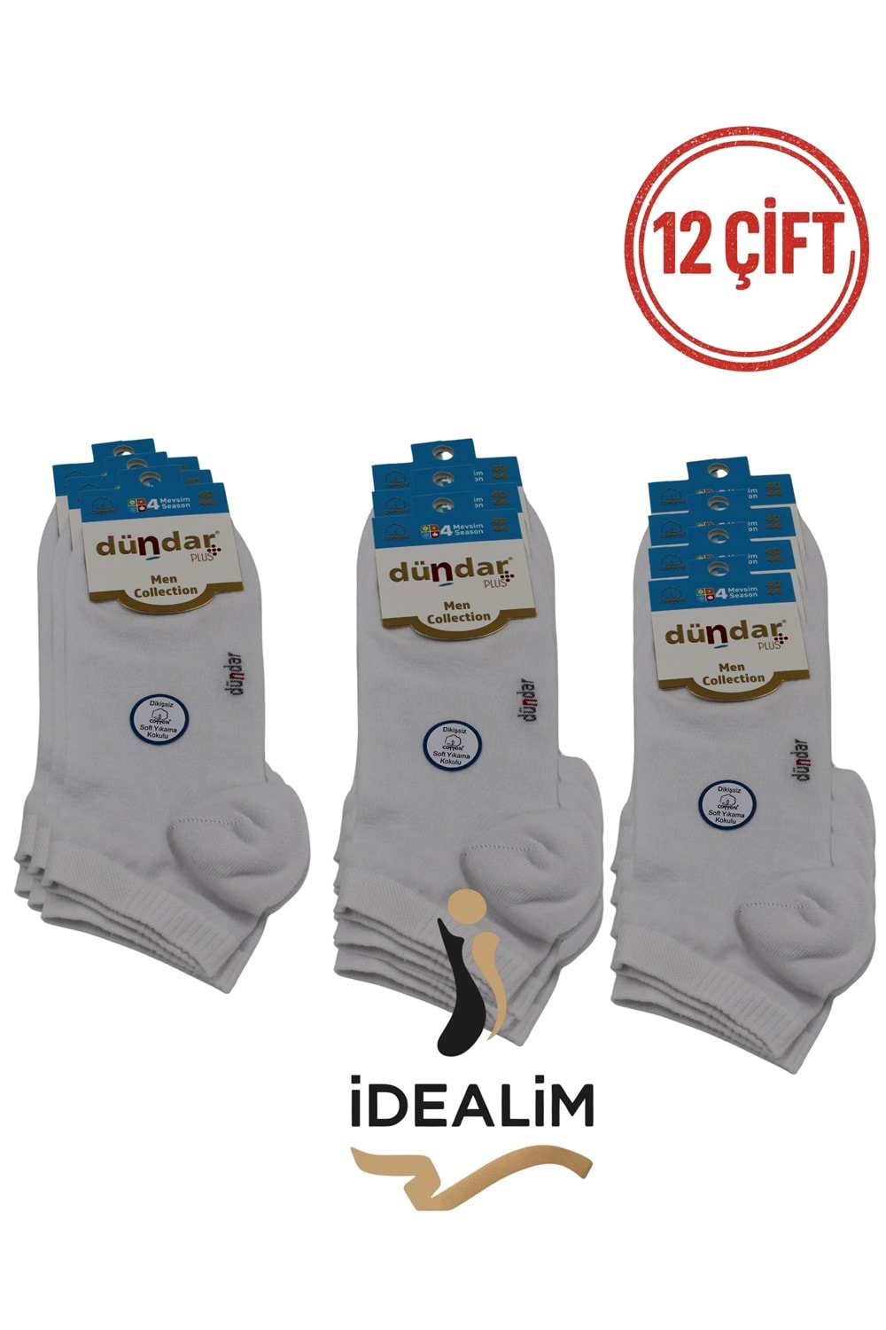 DÜNDAR PLUS 12Lİ ERKEK COTTON PATİK ÇORAP - COTTON - 0300-BEYAZ-40-44