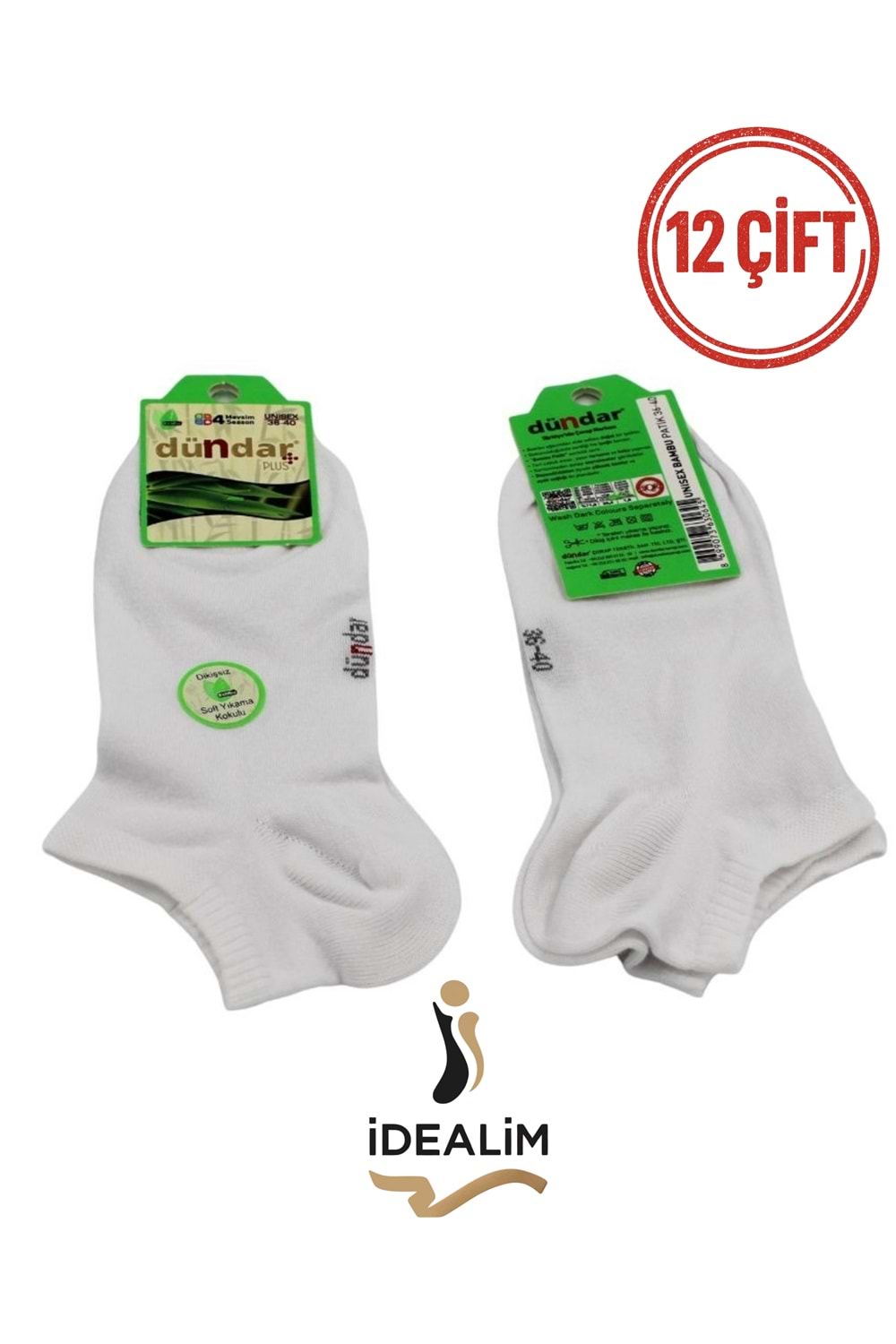 DÜNDAR PLUS 12Lİ UNISEX BAMBU PATİK ÇORAP - BAMBU - BEYAZ - 36-40