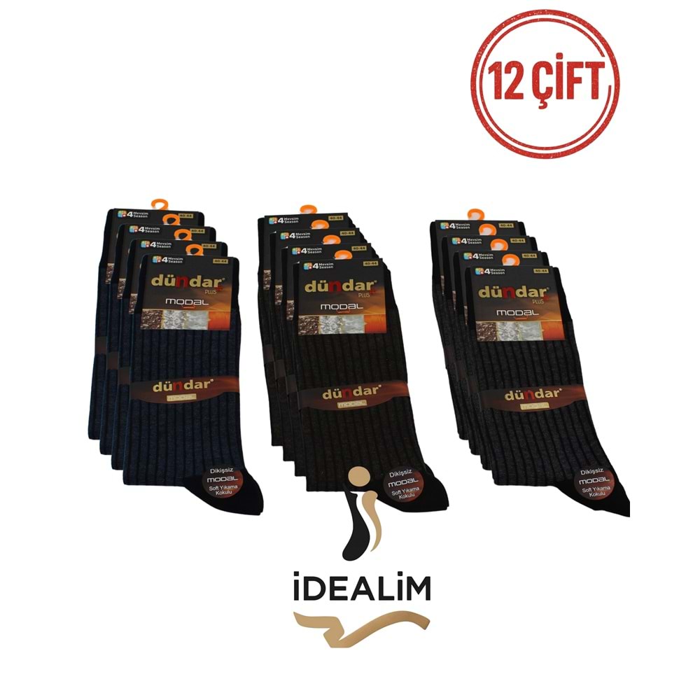 DÜNDAR PLUS 12Lİ ERKEK MODAL LYCRA SOKET ÇORAP - MODAL - ASORTİ - 40-44