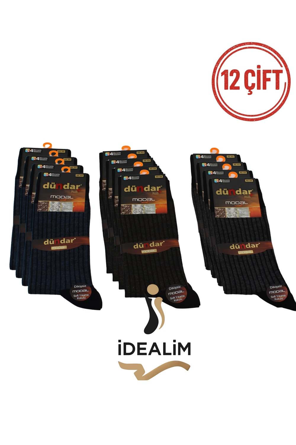 DÜNDAR PLUS 12Lİ ERKEK MODAL LYCRA SOKET ÇORAP - MODAL - ASORTİ - 40-44