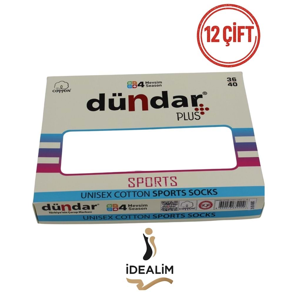 DÜNDAR PLUS 12Lİ COTTON UNISEX SPORTS ÇORAP - DÜNDAR - COTTON - BEYAZ - 36-40