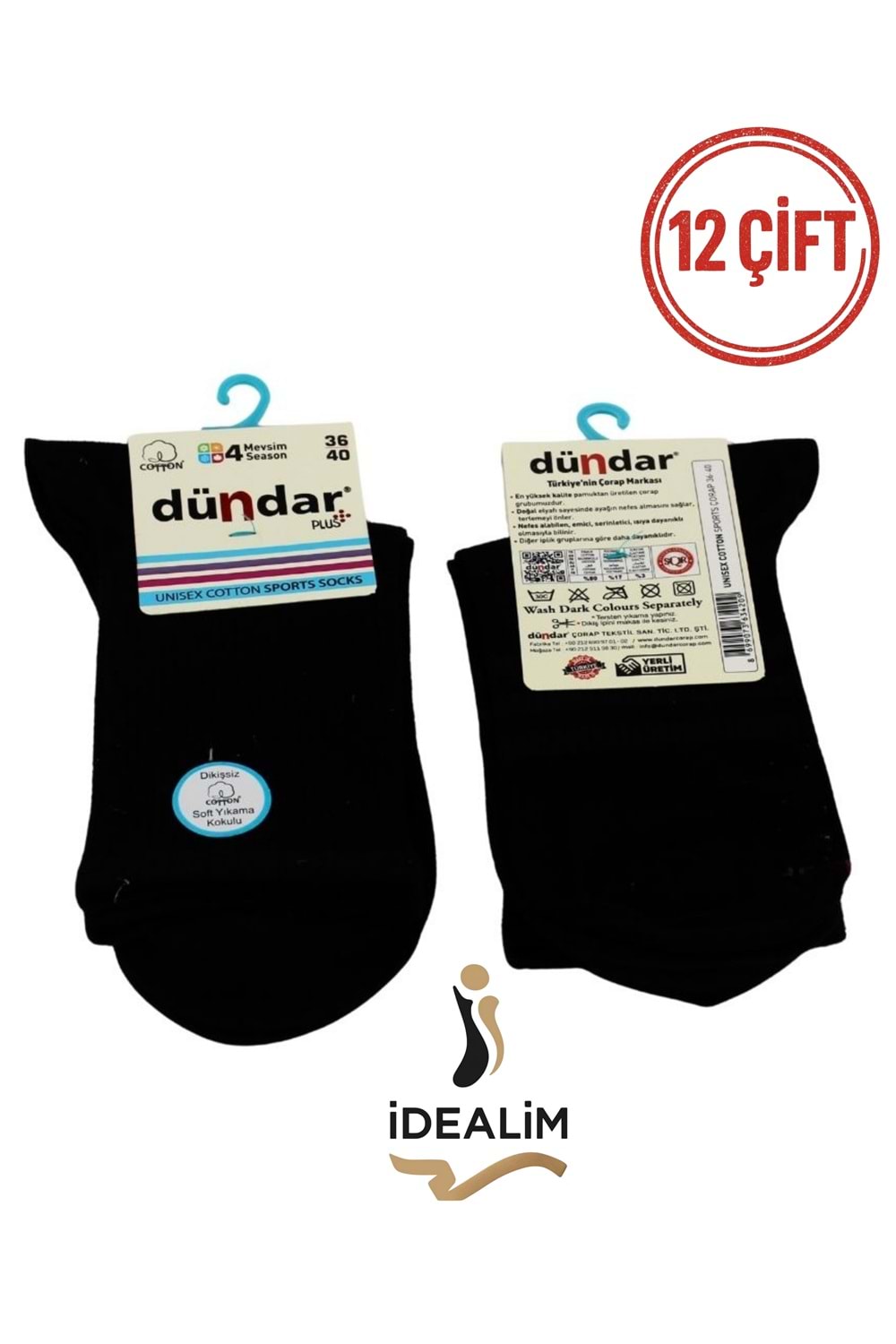 DÜNDAR PLUS 12Lİ COTTON UNISEX SPORTS ÇORAP - DÜNDAR - COTTON - SİYAH - 36-40