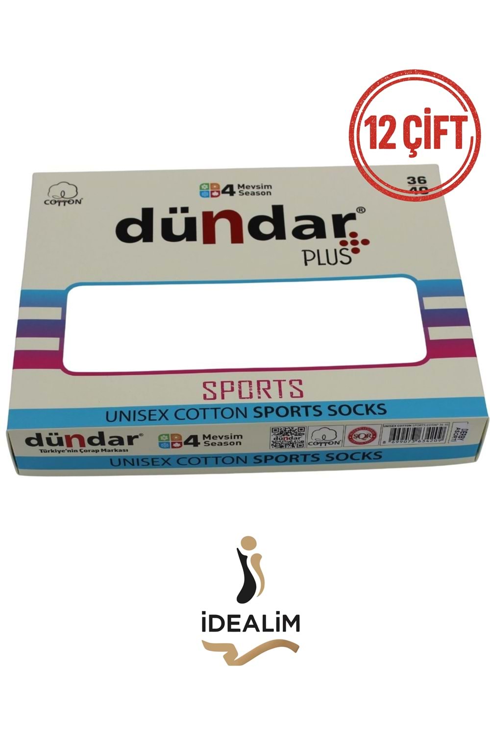 DÜNDAR PLUS 12Lİ COTTON UNISEX SPORTS ÇORAP - DÜNDAR - COTTON - SİYAH - 36-40