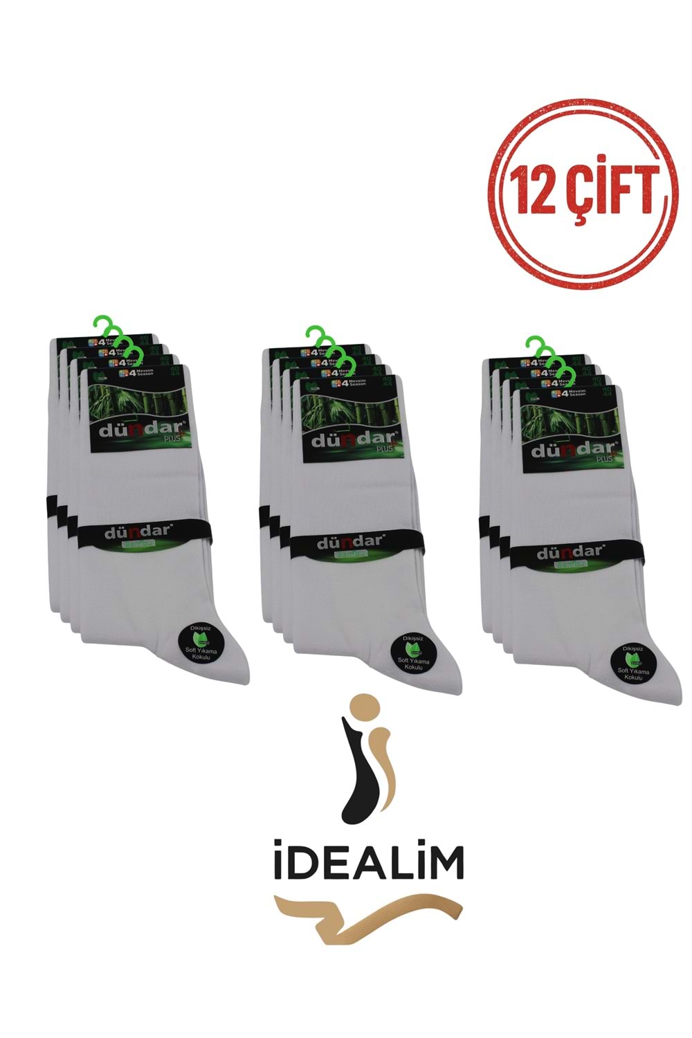 DÜNDAR PLUS 12Lİ ERKEK BAMBU LYCRA SOKET ÇORAP - BAMBU - BEYAZ - 40-44