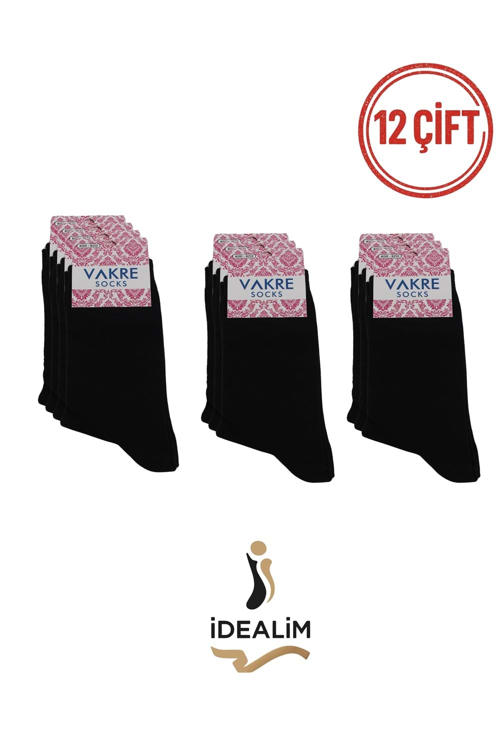 VAKRE 12Lİ BAYAN SOKET ÇORAP - COTTON-B-DÜZ RENK - SİYAH - 36-40