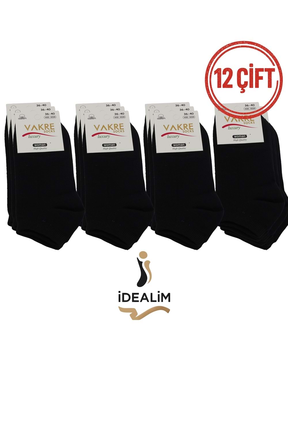 VAKRE 12Lİ BAYAN PATİK ÇORAP - B-DÜZ PATİK - SİYAH - 36-40