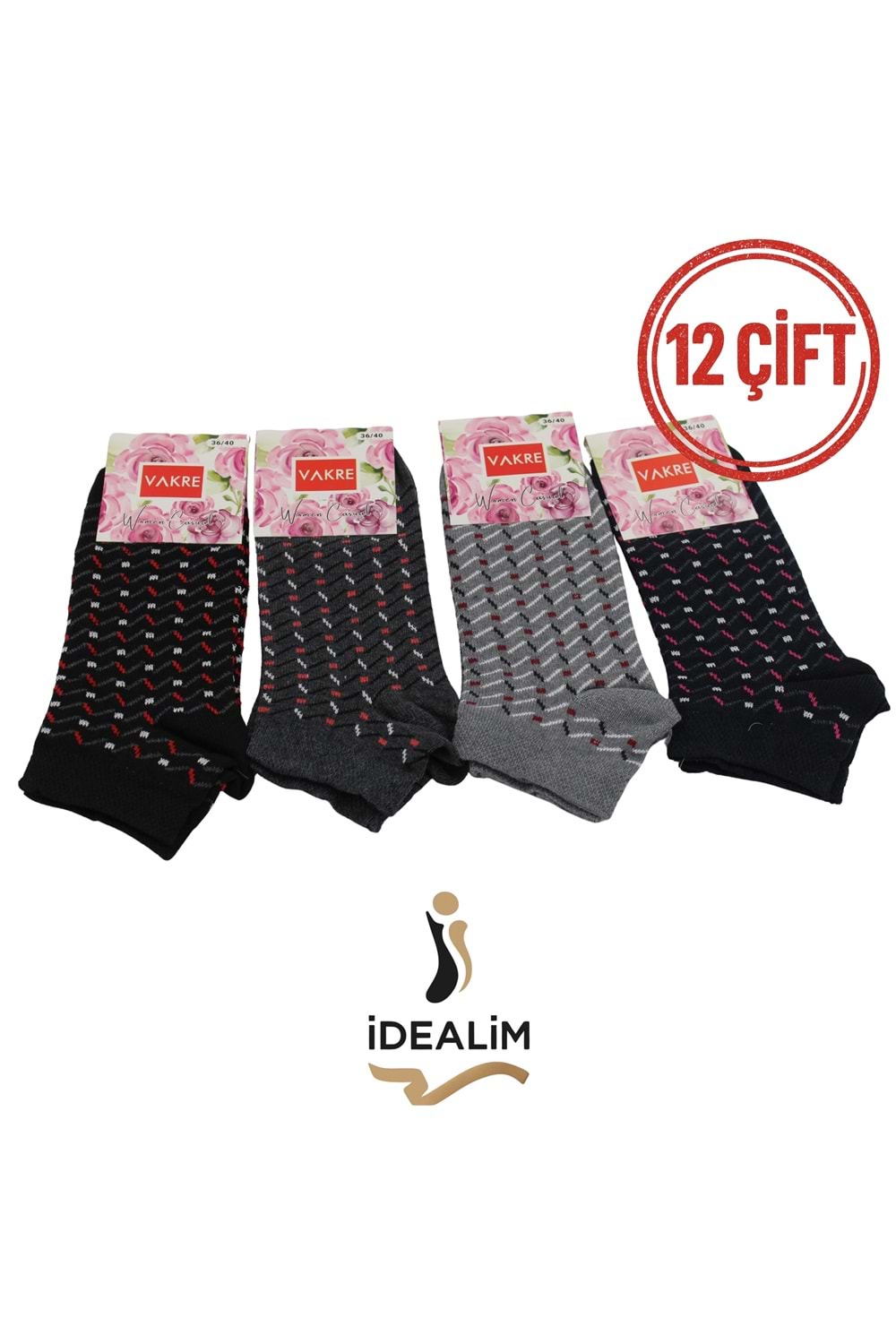 VAKRE 12Lİ BAYAN PATİK ÇORAP - B-KARELİ PATİK - ASORTİ - 36-40