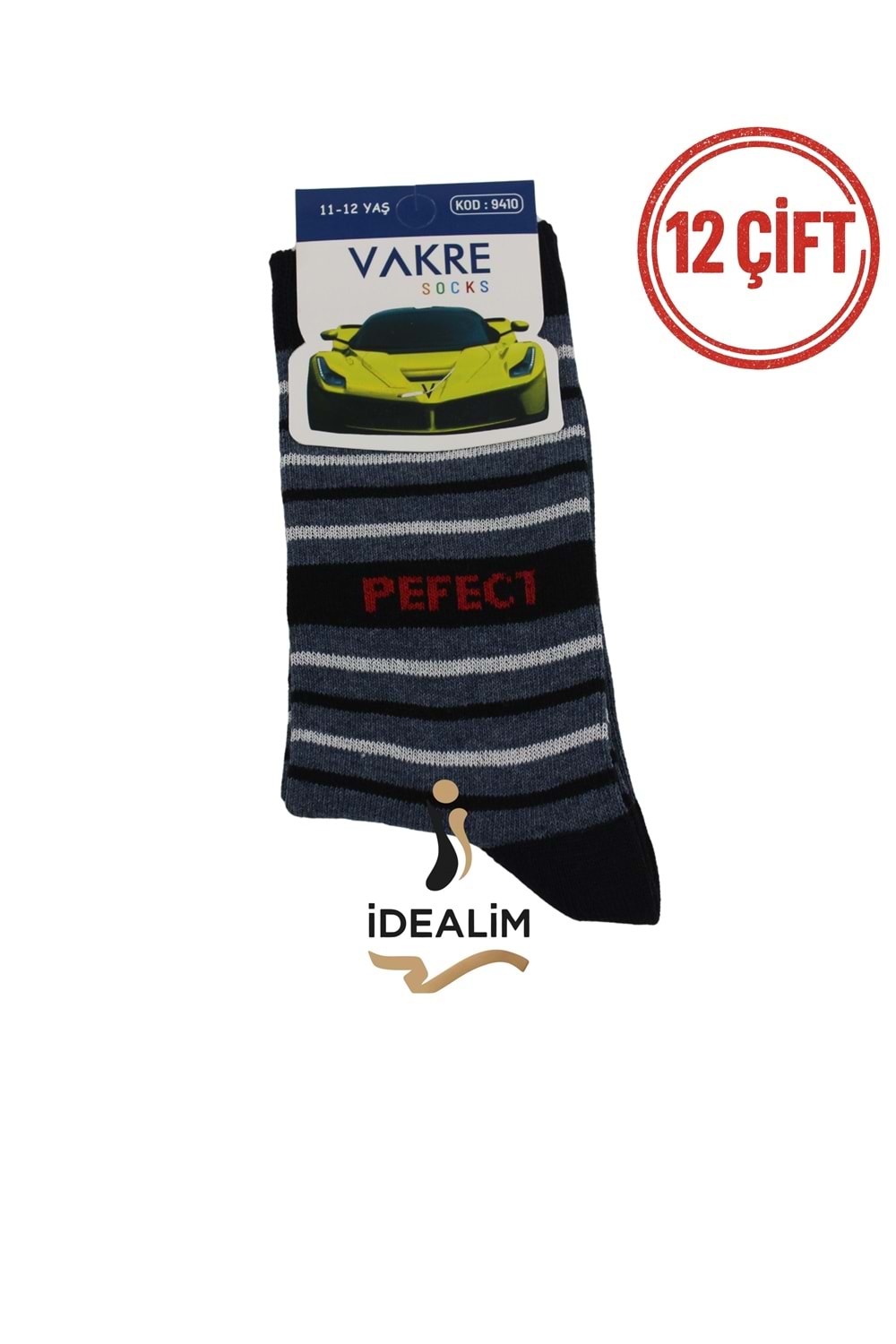 VAKRE 12Lİ ÇOCUK SOKET ÇORAP - ERK ÇOCUK-PEFECR-ÇİZGİLİ - ASORTİ - 11-12