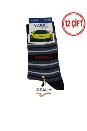 VAKRE 12Lİ ÇOCUK SOKET ÇORAP - ERK ÇOCUK-PEFECR-ÇİZGİLİ - ASORTİ - 11-12