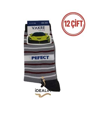 VAKRE 12Lİ ÇOCUK SOKET ÇORAP - ERK ÇOCUK-PEFECR-ÇİZGİLİ - ASORTİ - 11-12