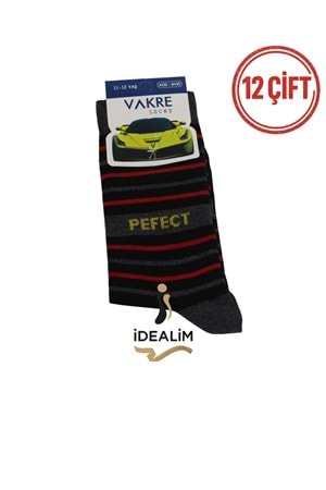 VAKRE 12Lİ ÇOCUK SOKET ÇORAP - ERK ÇOCUK-PEFECR-ÇİZGİLİ - ASORTİ - 11-12